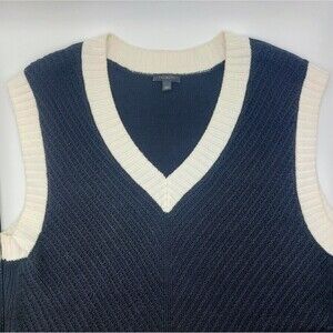 Talbots Linen Blend Sweater Vest Women's Size Large Black Cream Trim Tight Knit